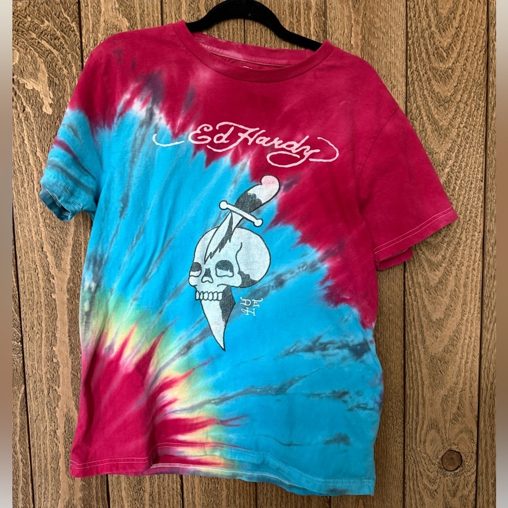 Ed Hardy Women's Tie Dye T-Shirt Skull & Knife~ Medium